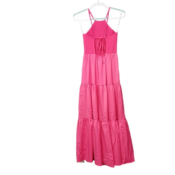 Lulus Dress Womens XS Fits Small Maxi Tiered Smocked Pink Halter Tie Back - Picture 3 of 9